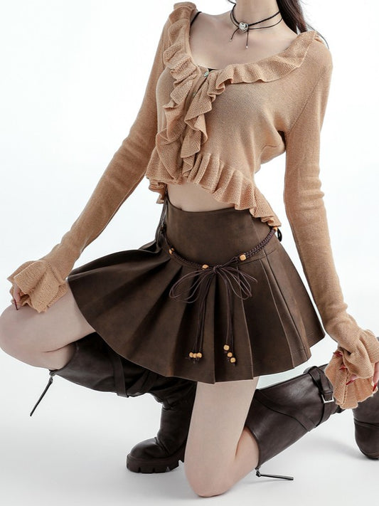 「プリーツAライン」フェイクレザーミニスカート TK0323