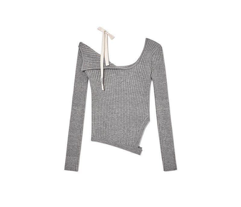 ワンオフショルダーギャザーリボン長袖シャツ  TK0326