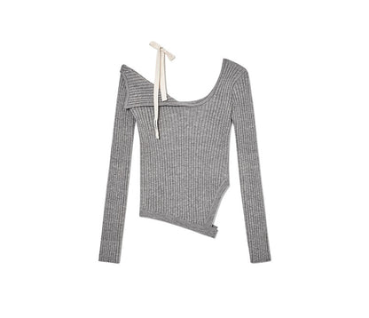 ワンオフショルダーギャザーリボン長袖シャツ  TK0326