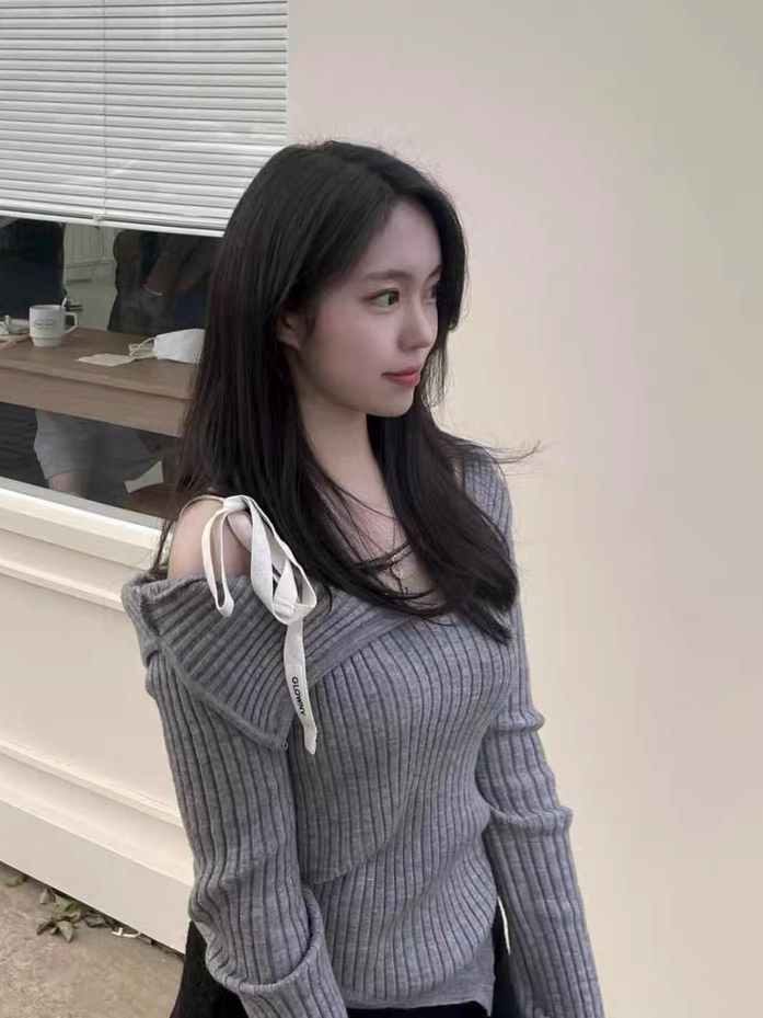 ワンオフショルダーギャザーリボン長袖シャツ  TK0326