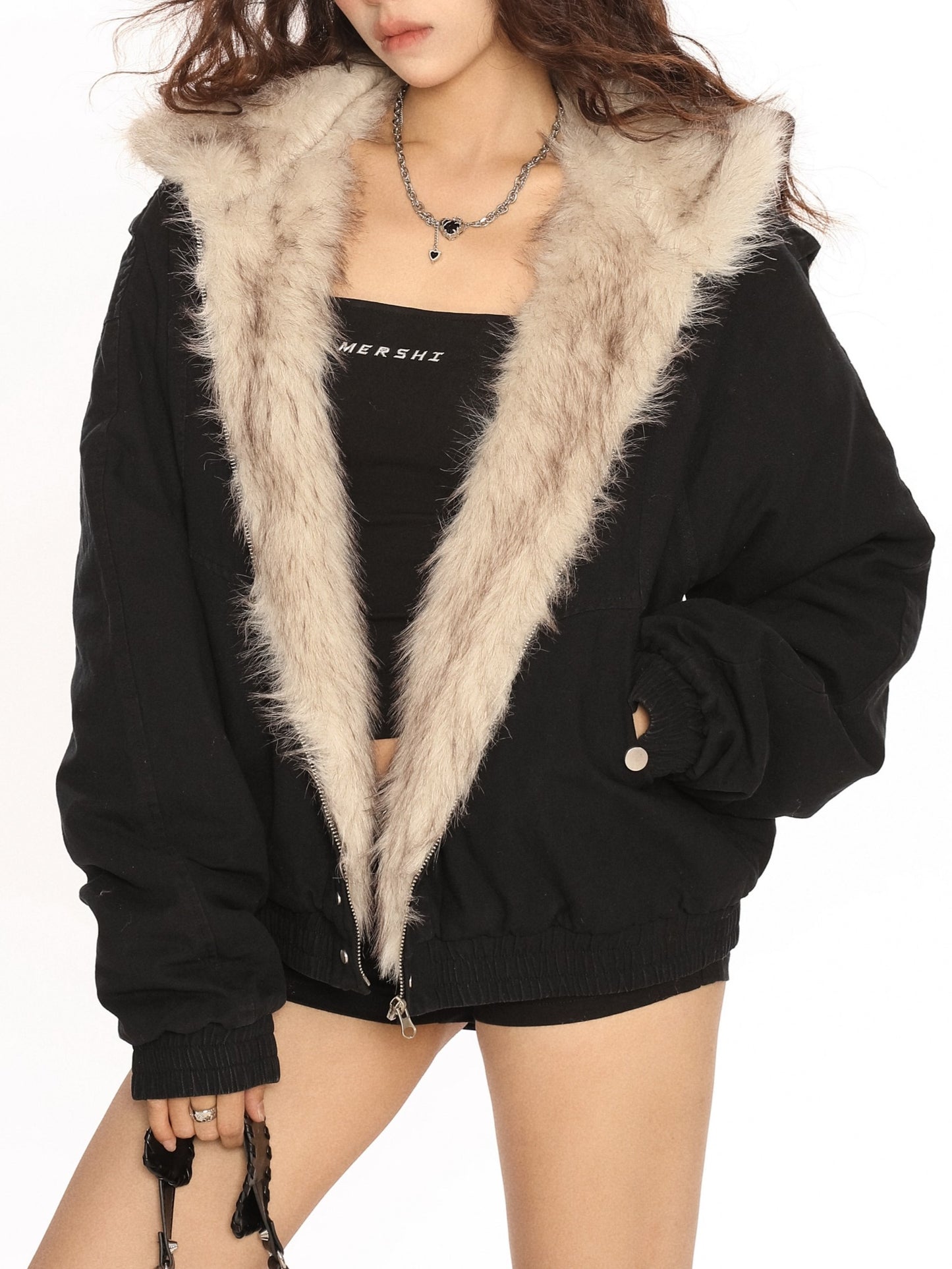 ファー付きフードパーカーコート ボアジャケット TK0338