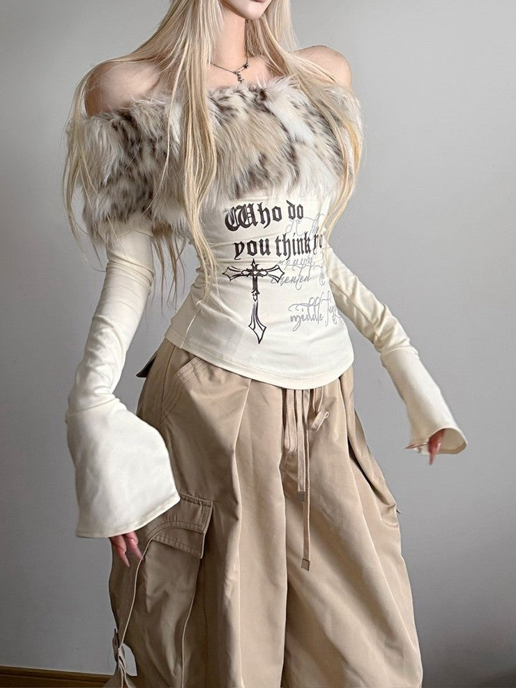 ファーオフショルダートップス TK0355