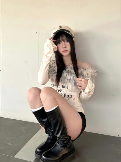 ファーオフショルダートップス TK0355