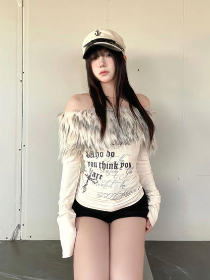 ファーオフショルダートップス TK0355