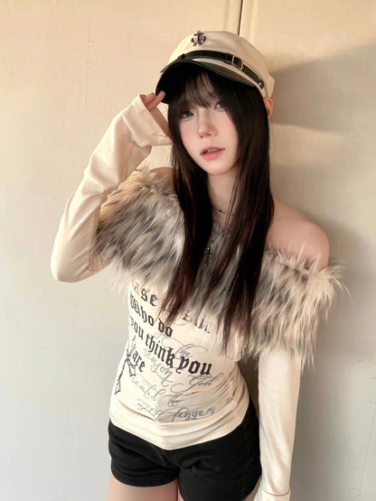 ファーオフショルダートップス TK0355