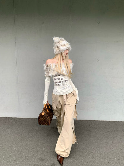 ファーオフショルダートップス TK0355