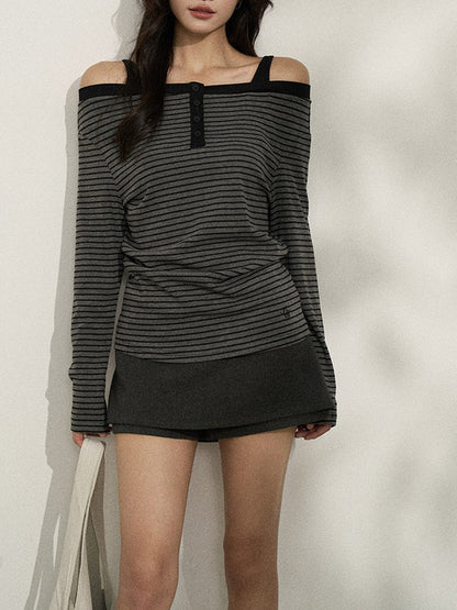 バイカラー ストライプオフショルロンT TK0380