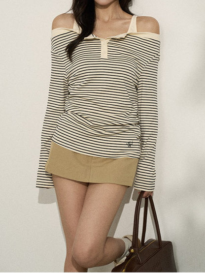 バイカラー ストライプオフショルロンT TK0380