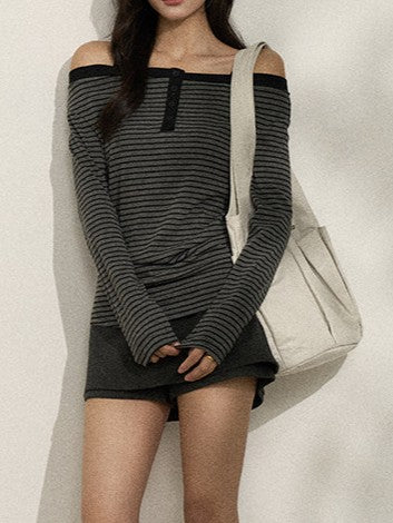 バイカラー ストライプオフショルロンT TK0380