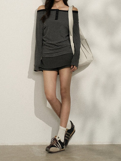 バイカラー ストライプオフショルロンT TK0380