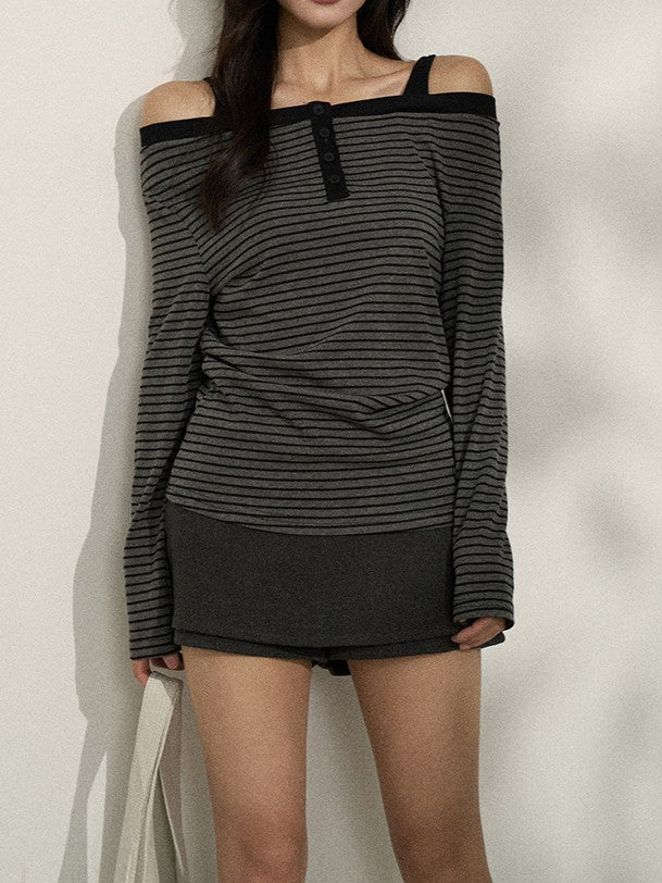 バイカラー ストライプオフショルロンT TK0380