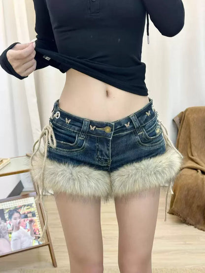 ファー付きデニムショートパンツ TK0361