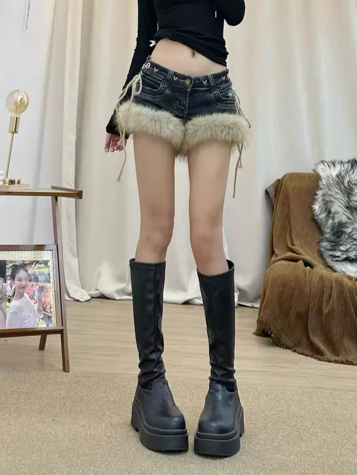 ファー付きデニムショートパンツ TK0361