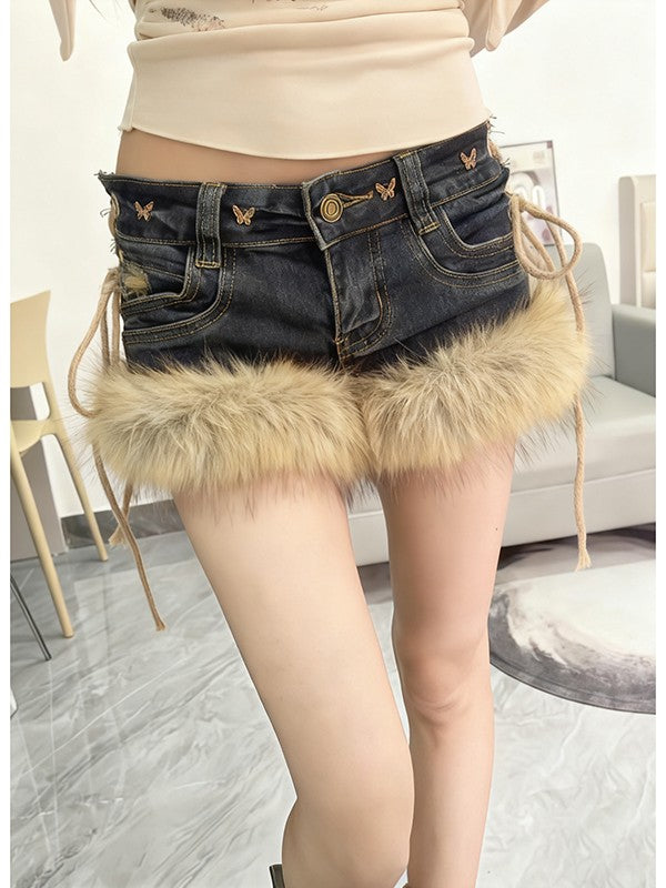 ファー付きデニムショートパンツ TK0361