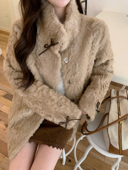 リボン付きファー襟ボアコート TK0367