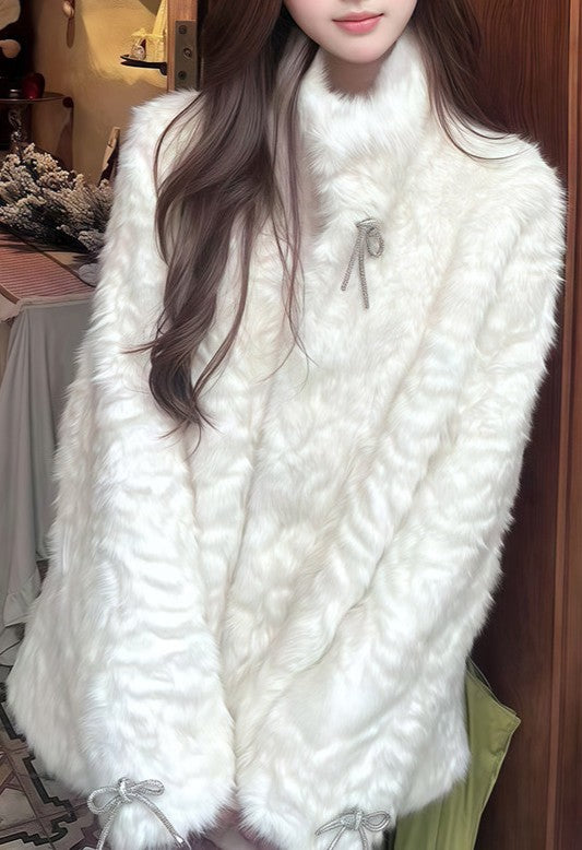 リボン付きファー襟ボアコート TK0367