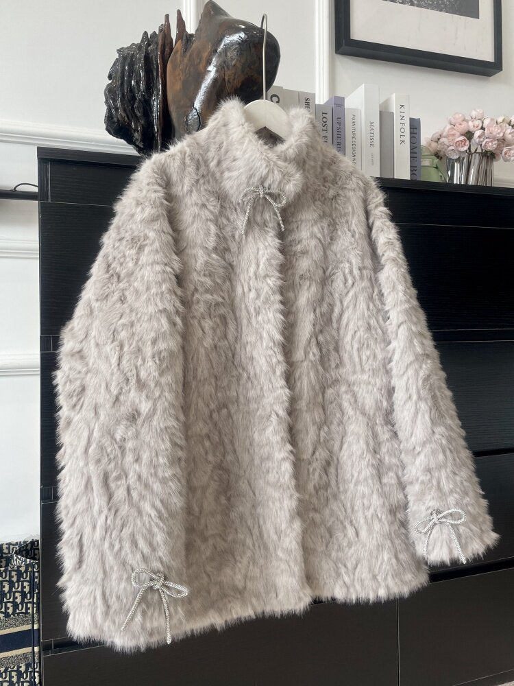 リボン付きファー襟ボアコート TK0367