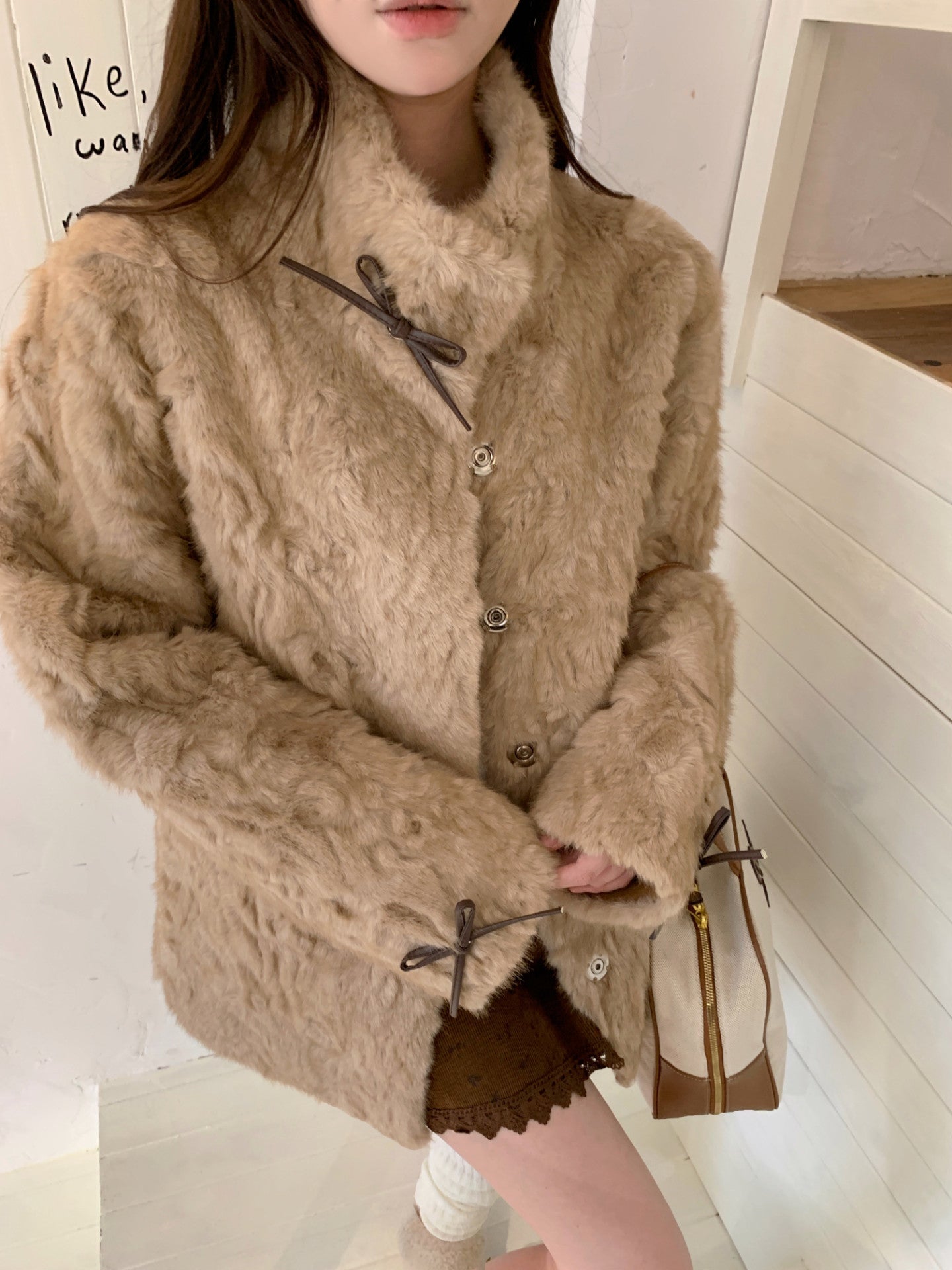 リボン付きファー襟ボアコート TK0367