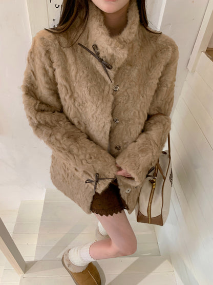 リボン付きファー襟ボアコート TK0367