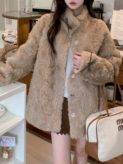 リボン付きファー襟ボアコート TK0367