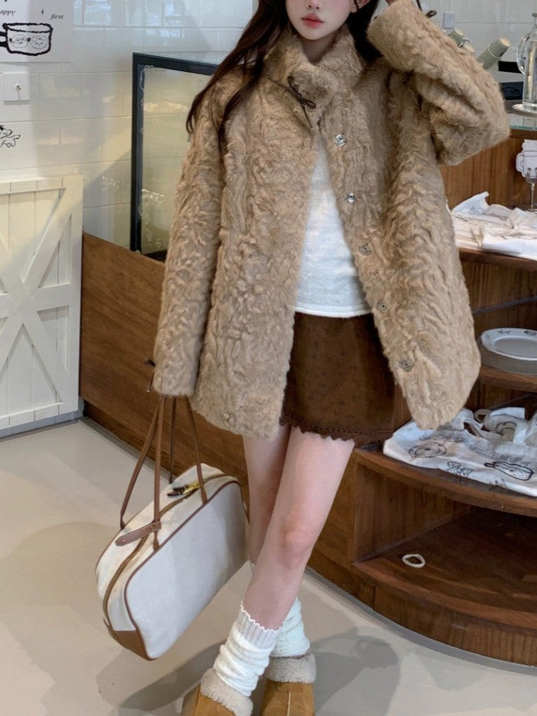 リボン付きファー襟ボアコート TK0367