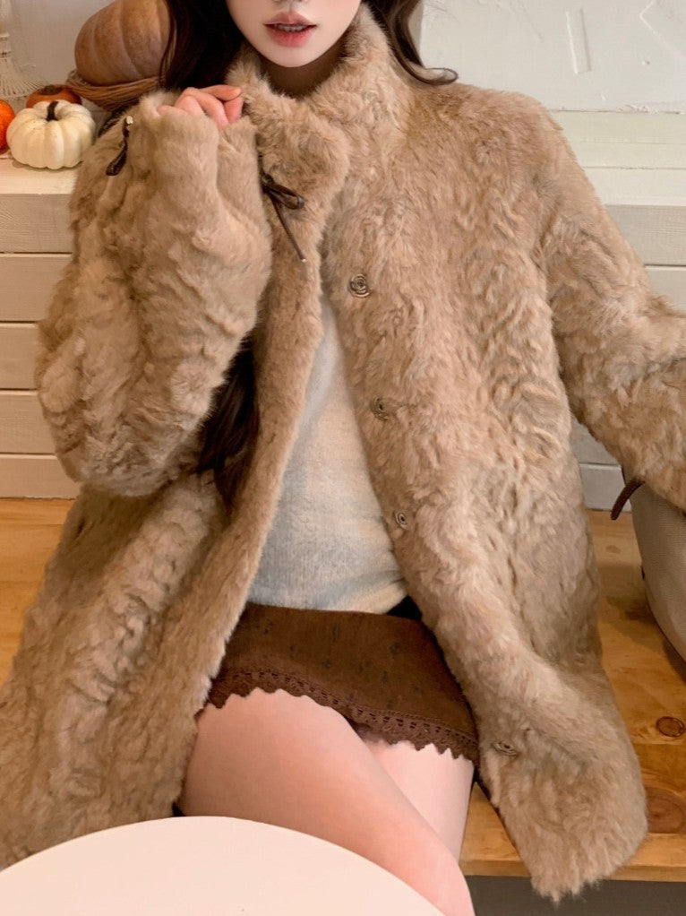 リボン付きファー襟ボアコート TK0367