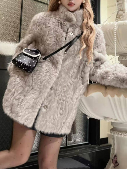 リボン付きファー襟ボアコート TK0367