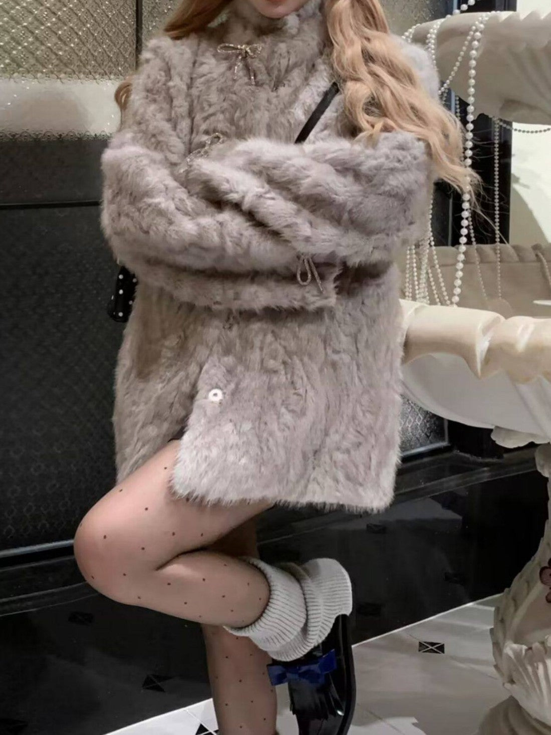 リボン付きファー襟ボアコート TK0367