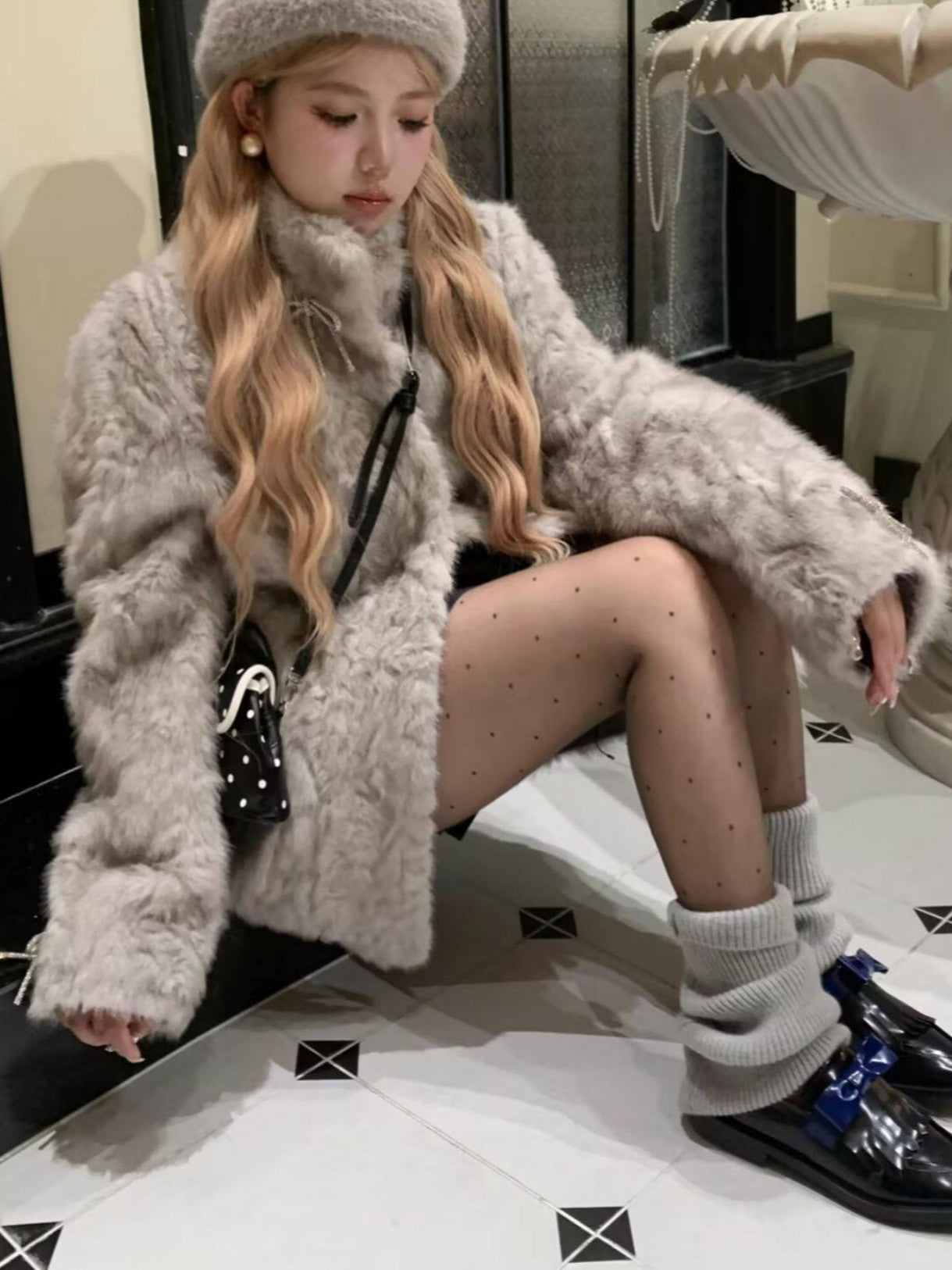 リボン付きファー襟ボアコート TK0367