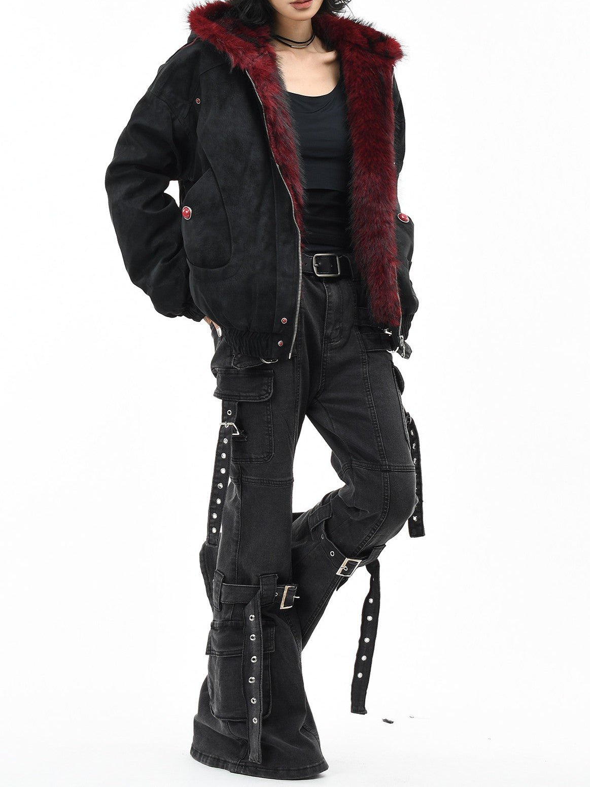 レッドインナー ファーフーディージャケット TK0372