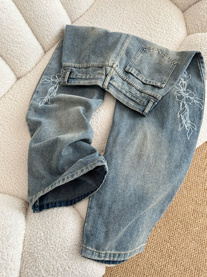 フラワープリント ストレートデニムパンツ TK0377