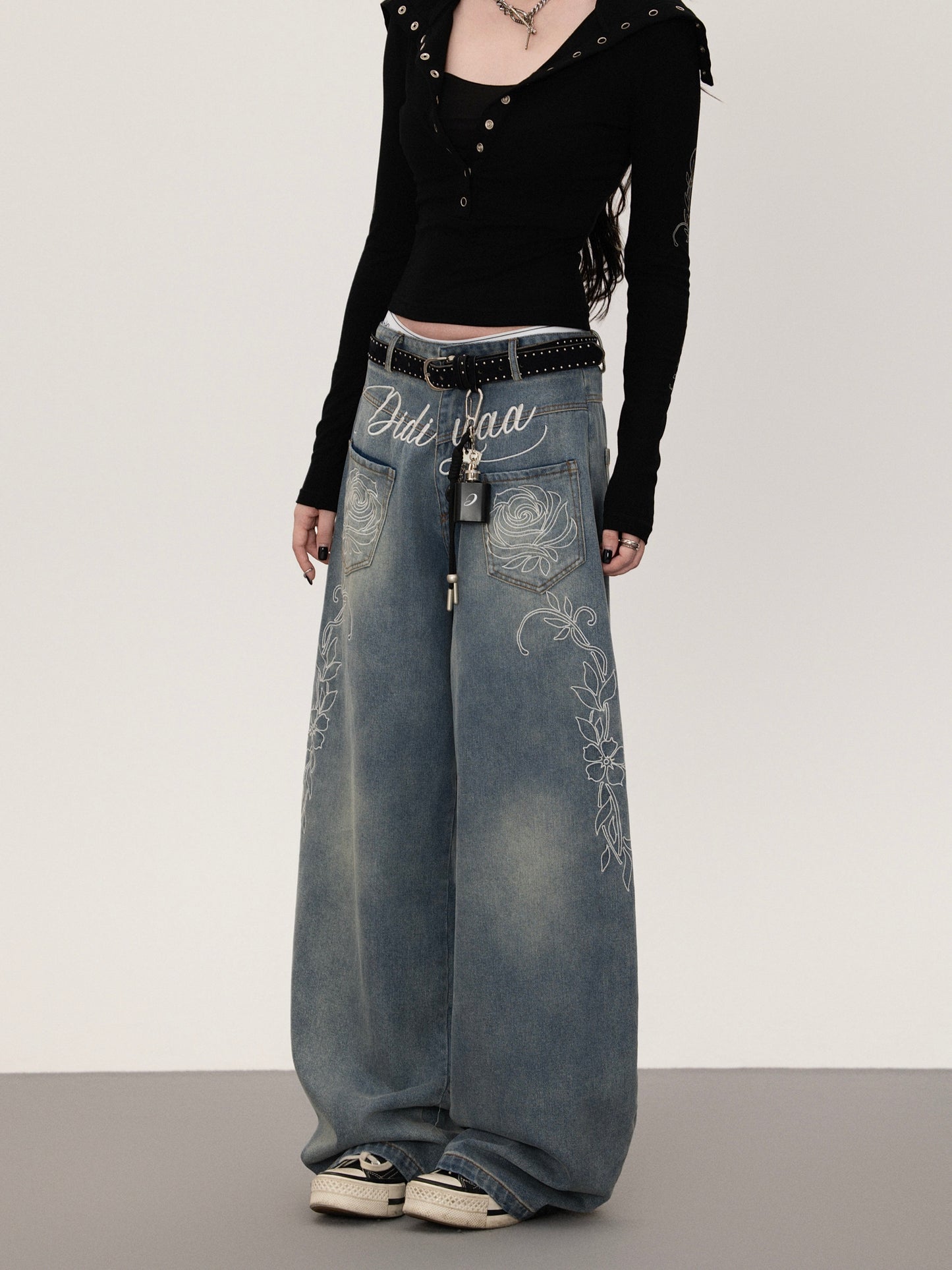 フラワープリント ストレートデニムパンツ TK0377