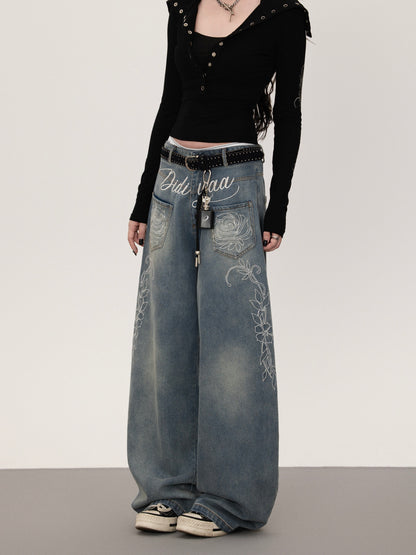 フラワープリント ストレートデニムパンツ TK0377