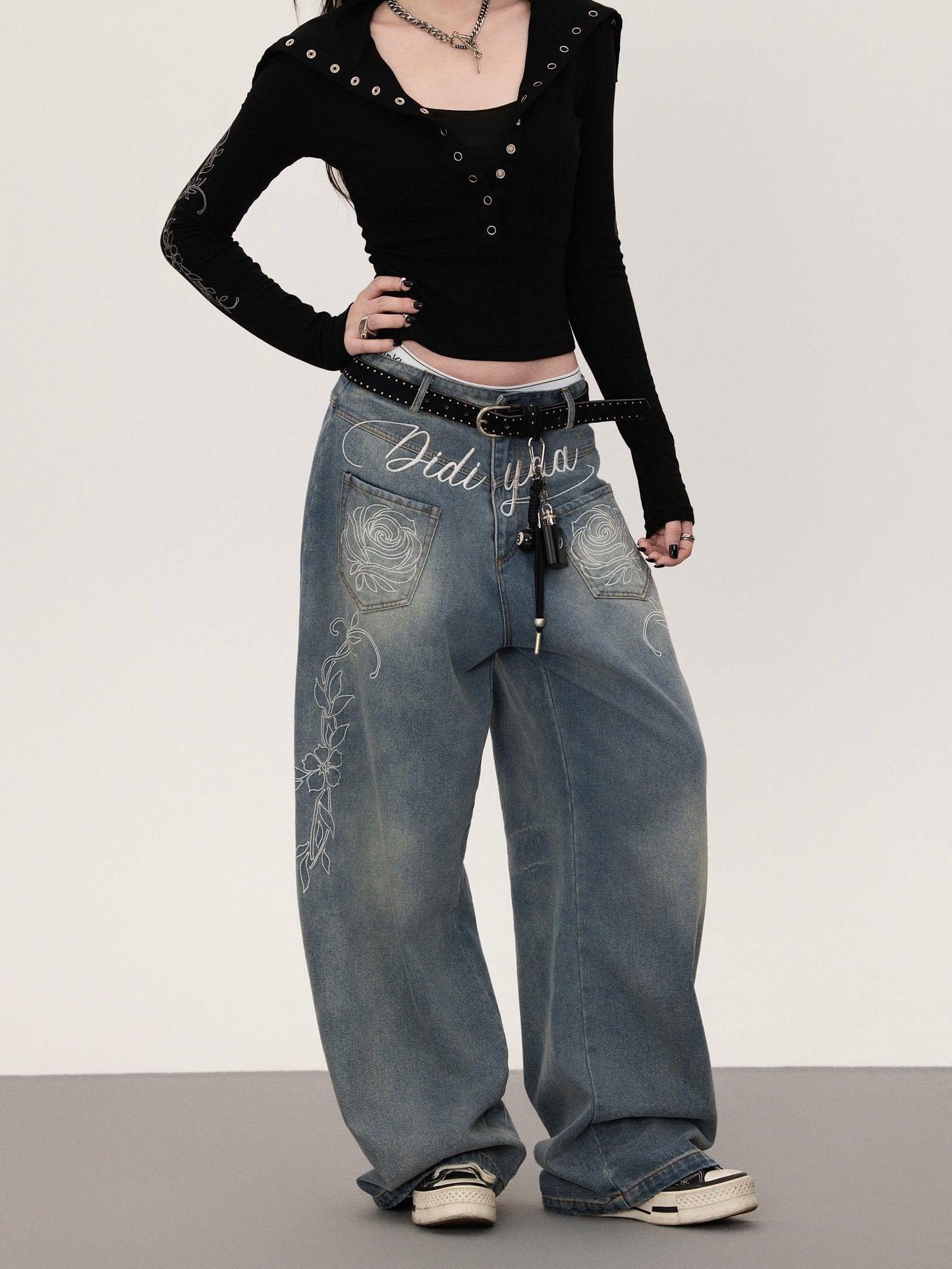 フラワープリント ストレートデニムパンツ TK0377