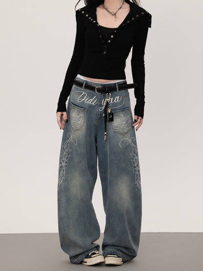 フラワープリント ストレートデニムパンツ TK0377