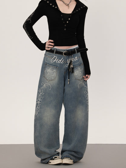 フラワープリント ストレートデニムパンツ TK0377