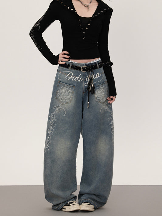 フラワープリント ストレートデニムパンツ TK0377