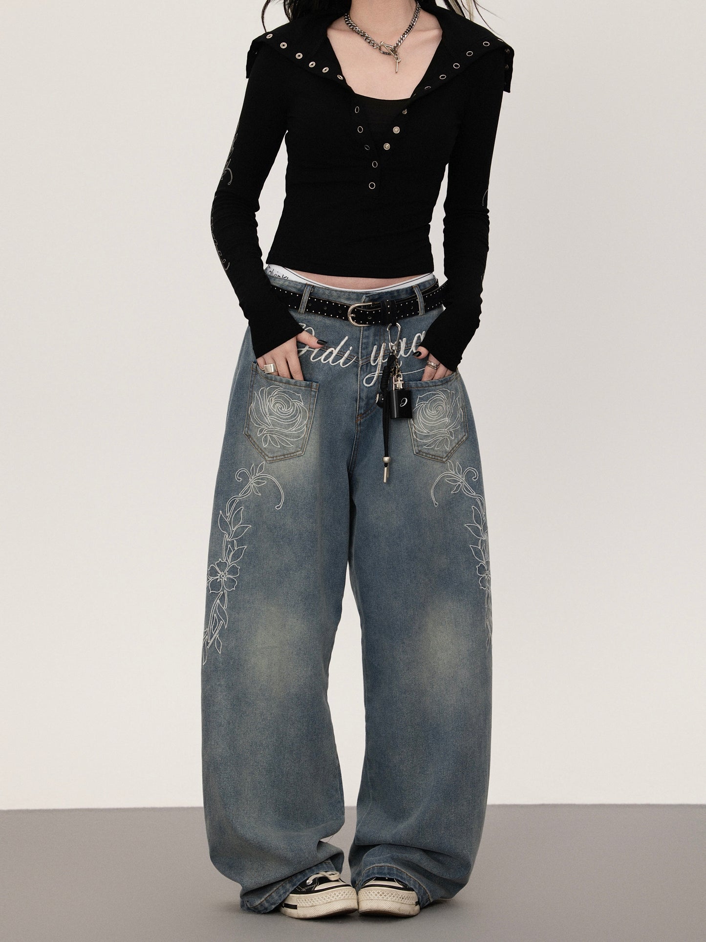 フラワープリント ストレートデニムパンツ TK0377