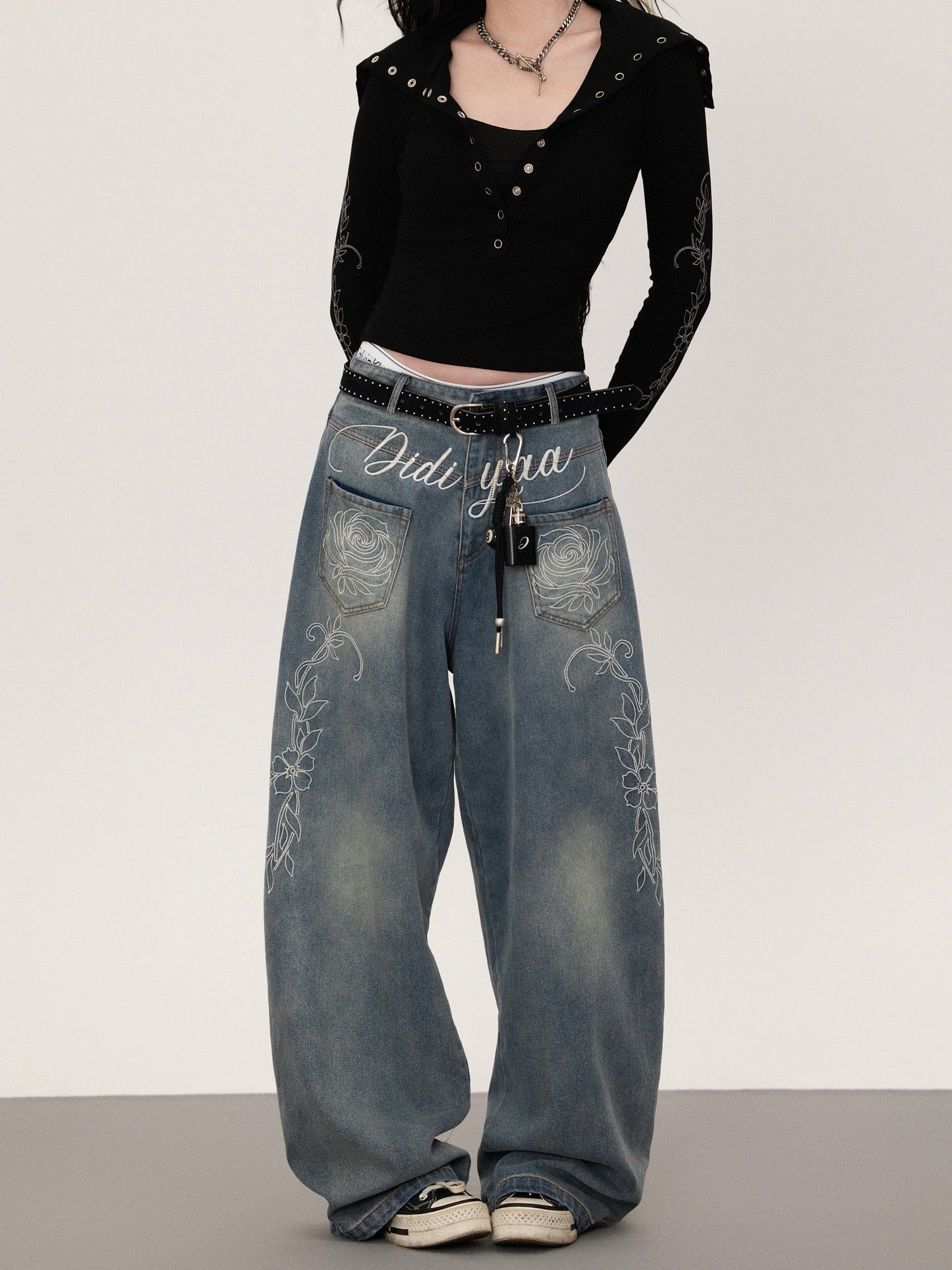 フラワープリント ストレートデニムパンツ TK0377