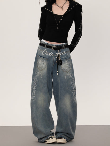 フラワープリント ストレートデニムパンツ TK0377