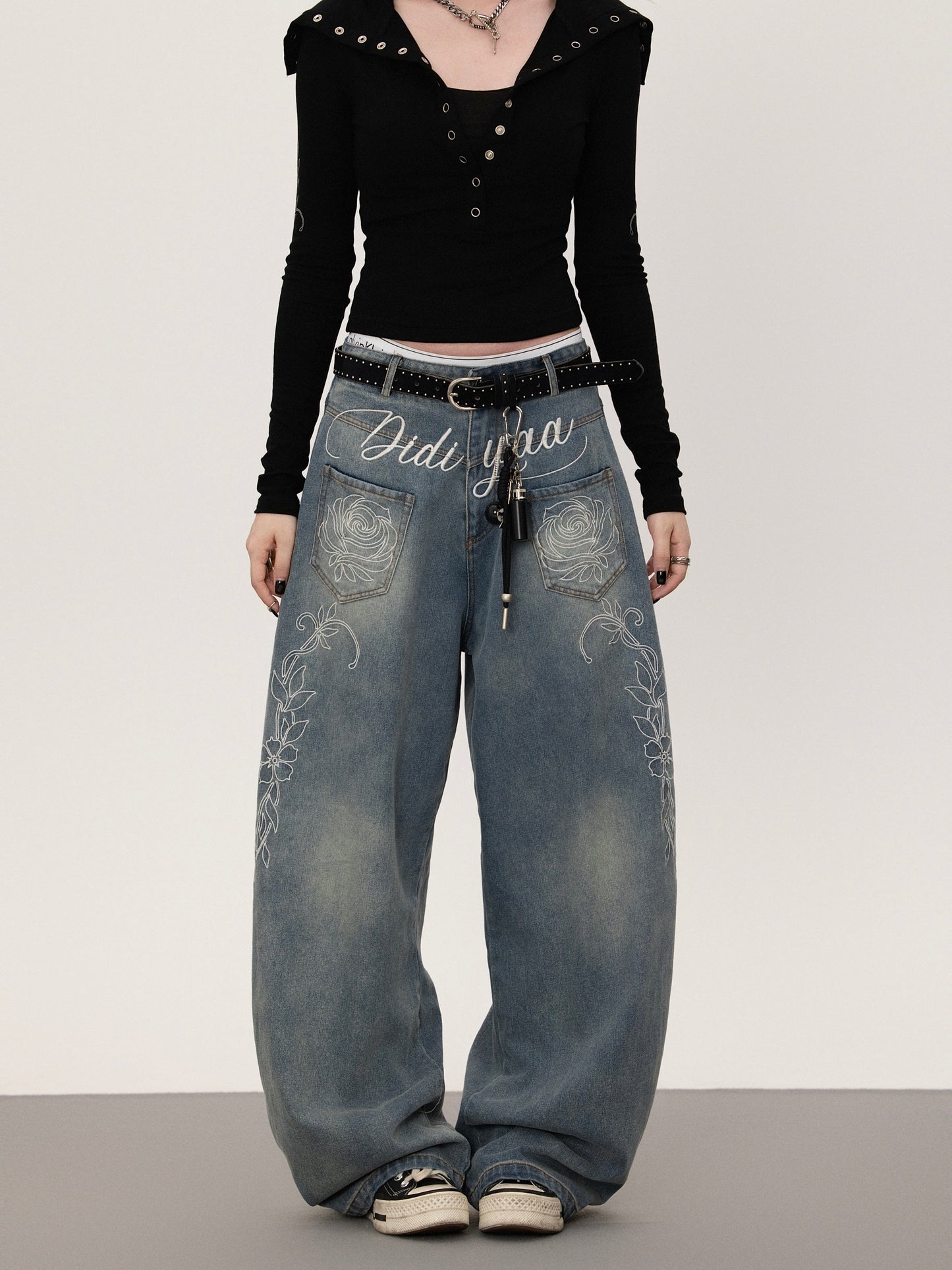 フラワープリント ストレートデニムパンツ TK0377