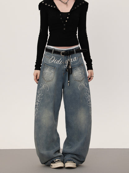 フラワープリント ストレートデニムパンツ TK0377