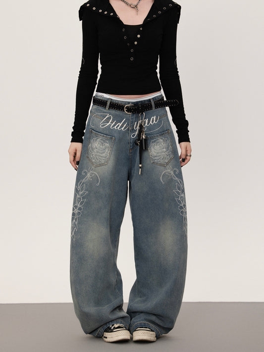 フラワープリント ストレートデニムパンツ TK0377