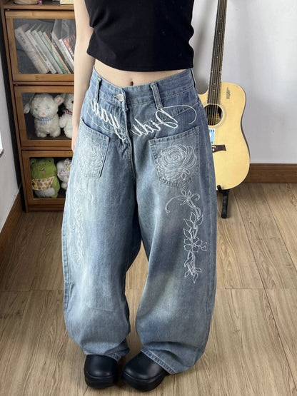 フラワープリント ストレートデニムパンツ TK0377