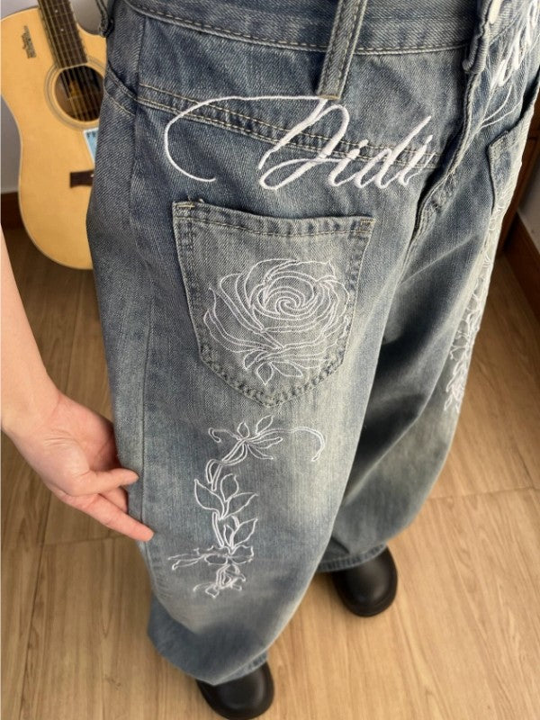 フラワープリント ストレートデニムパンツ TK0377