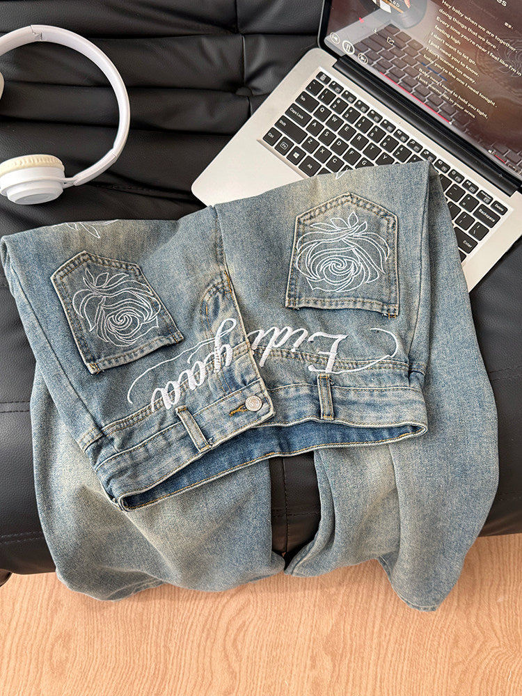 フラワープリント ストレートデニムパンツ TK0377