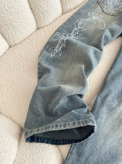 フラワープリント ストレートデニムパンツ TK0377