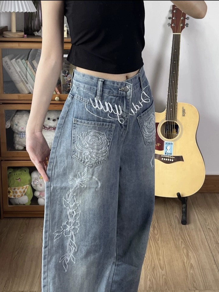 フラワープリント ストレートデニムパンツ TK0377