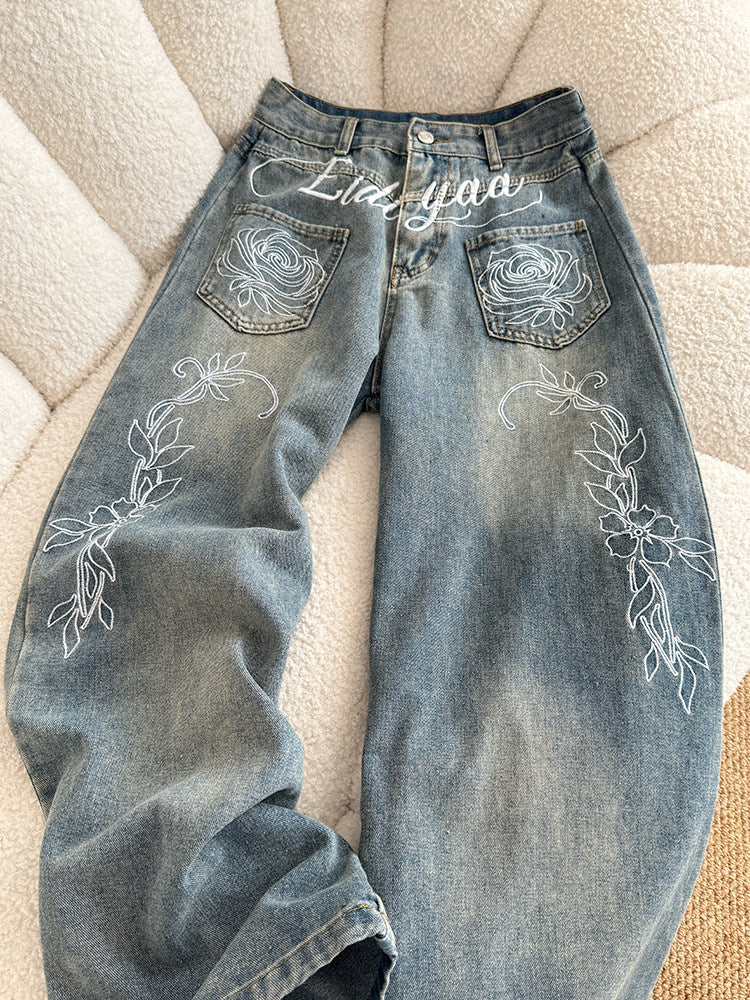 フラワープリント ストレートデニムパンツ TK0377