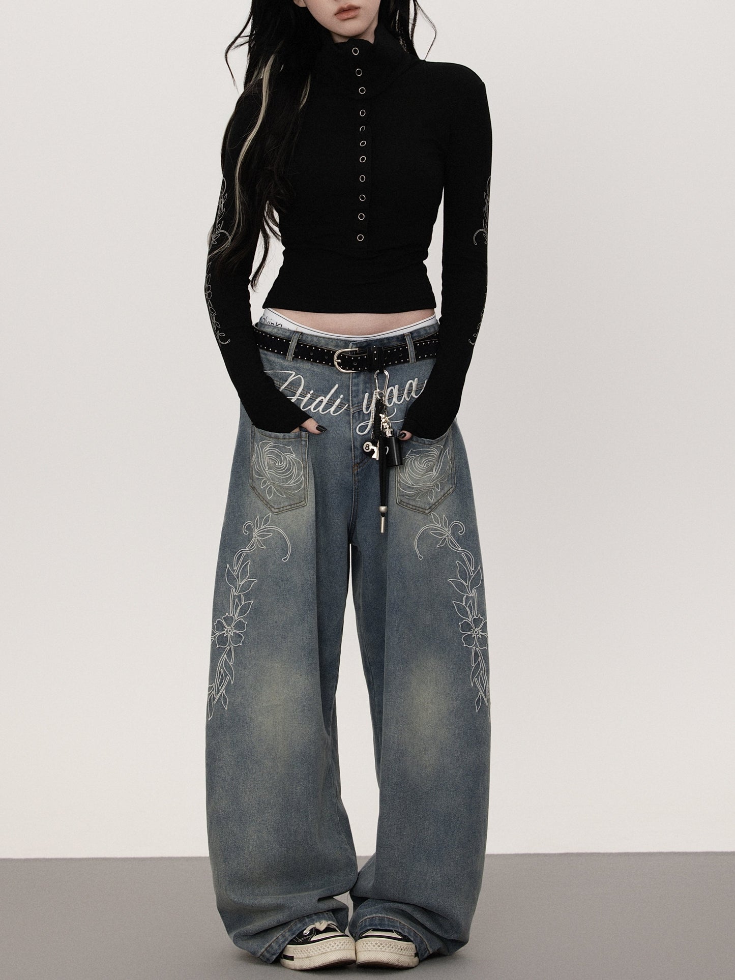 フラワープリント ストレートデニムパンツ TK0377